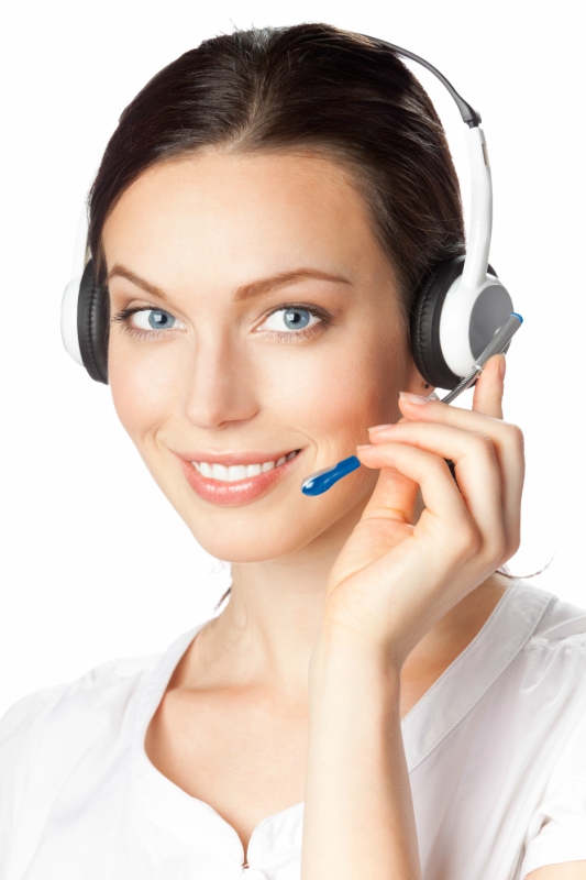 Support phone operator in headset, isolated on white